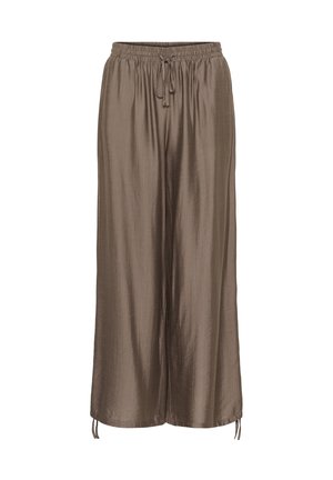 Voľné hnedé saténové nohavice s elastickým pásom a šnúrkami na zaväzovanie v páse aj na lemoch.