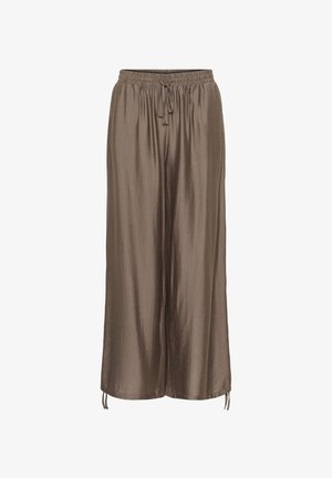 Voľné hnedé saténové nohavice s elastickým pásom a šnúrkami na zaväzovanie v páse aj na lemoch.