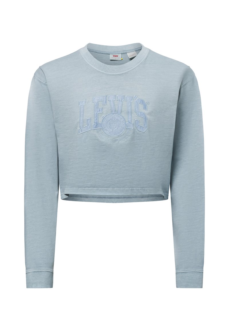Himmelblaues, kurzes Sweatshirt aus weichem Stoff. Mit langen Ärmeln, Rundhalsausschnitt und einem geprägten "LEVI'S"-Logo auf der Vorderseite.