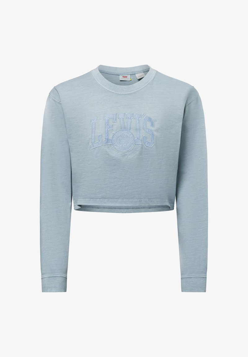 Himmelblaues, kurzes Sweatshirt aus weichem Stoff. Mit langen Ärmeln, Rundhalsausschnitt und einem geprägten "LEVI'S"-Logo auf der Vorderseite.