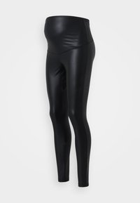 Leggings de maternité noirs en tissu lisse et extensible. Design ajusté avec une taille haute pour un soutien et une couverture.