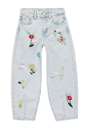 Lyseblå denimjeans med farverige broderede blomster og subtile slidte detaljer på forbenene og lommerne.