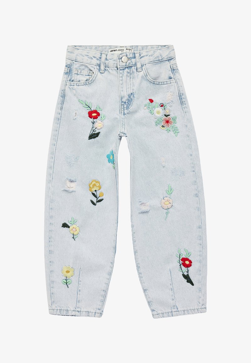 Jeans in denim azzurro chiaro con fiori ricamati colorati e sottili dettagli consumati sulle gambe anteriori e sulle tasche.