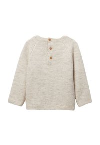 Pull en maille beige clair avec manches longues, col rond et trois boutons en bois au dos. Tissu doux et texturé.