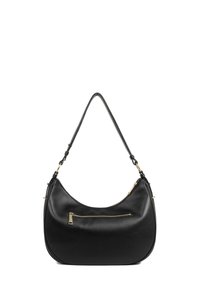 Borsa a spalla in pelle nera con forma curva, dettaglio della cerniera dorata e una sola tracolla regolabile. Texture liscia con minimi accenti.