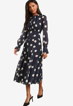 Lipsy LONG SLEEVE GATHERED WAIST SPOT MIDI - Denní šaty - navy blue