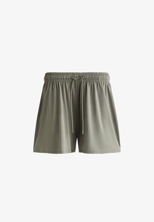 Groene shorts met een elastische tailleband, gemaakt van zachte stof, met een trekkoord en een losse pasvorm, zonder zichtbare patronen of accenten.