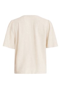 Leinenoberteil, crèmefarben, lockerer Schnitt, kurze Ärmel, runder Halsausschnitt, strukturierter Stoff mit weichen, subtilen Fasern, keine sichtbaren Verschlüsse oder Verzierungen.