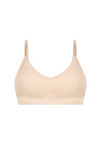 Soutien-gorge sans fil beige clair avec une texture lisse, un design en v, des bretelles réglables et une bande large pour un bon soutien.