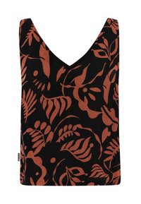 Schwarzes Tanktop mit V-Ausschnitt, verziert mit einem orangen floralem Muster aus Blättern und abstrakten Formen. Weicher, strukturierter Stoff.