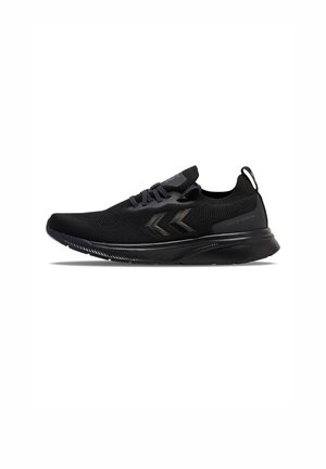 Black athletic shoes with a breathable mesh upper, featuring gray accents and a textured black sole. Includes lace-up closure and pull tab.