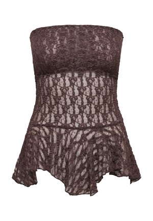 Top maro din dantelă fără bretele cu model floral și tiv asimetric evazat, țesătură semi-transparentă peste captuseală nud.