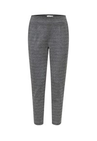 Grau gestreifte Hosen im Herringbone-Muster mit einer taillierten Passform, elastischem Bund und geschlossenen Säumen. Hergestellt aus strukturiertem Stoff mit seitlichen Taschen.