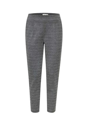 Grey herringbone trousers with a fitted design, elastic waistband, and closed hems. Made from textured fabric with side pockets.