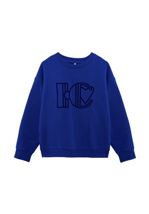 Sweatshirt bleu en coton, avec un grand imprimé graphique en noir. Le design inclut des formes géométriques et des lettres. Poignets et ourlet côtelés.