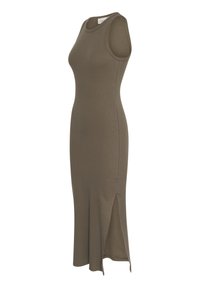 Robe midi sans manches vert olive à côtes, avec fente latérale et col rond, silhouette ajustée, présentée sur un fond blanc.