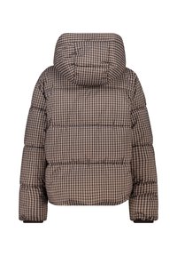 Chaqueta de plumas a cuadros marrón con capucha, que presenta un patrón acolchado, puños elásticos y un corte corto. Material texturizado.