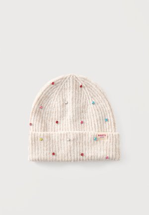 Kremowa dzianinowa czapka typu beanie z prążkowaną fakturą, ozdobiona małymi kolorowymi koralikami przypominającymi kamienie szlachetne oraz naszywką z napisem BARTS.