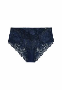 Navyblaue Spitzenunterwäsche mit detaillierten Blumenmustern, gewellten Kanten und einem glatten Innenfutter. Enthält ein kleines goldfarbenes Akzent.