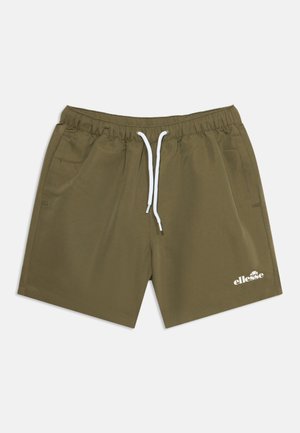 Short de bain pour homme vert olive avec taille élastique, cordon blanc, poches latérales et logo ellesse blanc sur la jambe gauche.