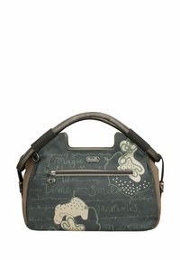 Bolso de cuero multicolor con un diseño abstracto en tonos verdes y beige, un bolsillo frontal con cierre de cremallera y un asa doble. Presenta detalles texturizados.