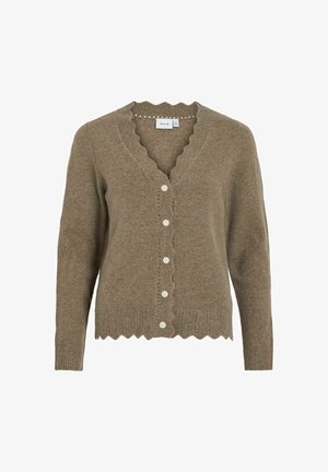 Braune Strickjacke mit einer gewellten Halslinie und einem gewellten Saum, ausgestattet mit sechs cremefarbenen Knöpfen und einem strukturierten Muster am unteren Rand.