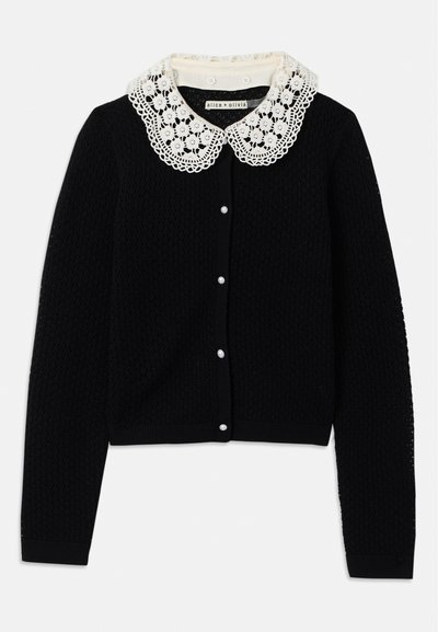 Black knit cardigan featuring a white lace collar, front buttons, and a textured pattern. Long sleeves and ribbed cuffs complete the design.