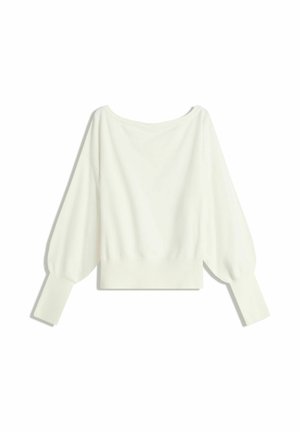 Witte cropped trui met lange pofmouwen, geribde manchetten en een brede halslijn, gemaakt van zacht, lichtgewicht materiaal.