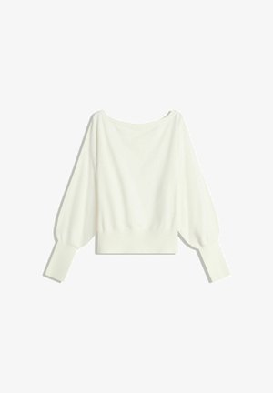 Witte cropped trui met lange pofmouwen, geribde manchetten en een brede halslijn, gemaakt van zacht, lichtgewicht materiaal.