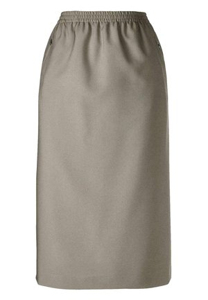 Beige rok met een elastische tailleband, knielengte, een gladde textuur en zijzakken met metalen accenten.