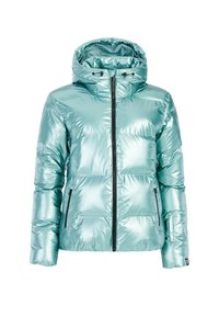 Vadderad jacka i reflekterande mintgrön material, med huva, dragkedja fram och sidofickor. Slät textur med en semi-glansig yta.