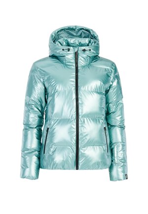 Gevoerde jas van reflecterend mintgroen materiaal, met een capuchon, ritssluiting en zijzakken. Glad textuur met een semi-glanzende afwerking.