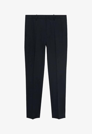 Pantaloni blu navy con una vestibilità sartoriale, realizzati in un tessuto liscio. Presentano due tasche laterali e una parte frontale piatta con pieghe sottili.