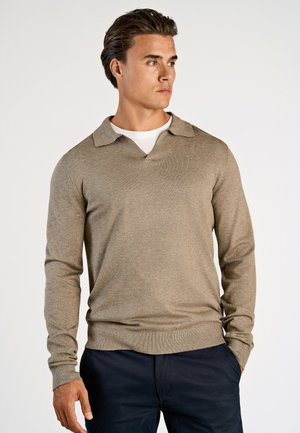 V-NECK POLO - Longsleeve - dk sand mel