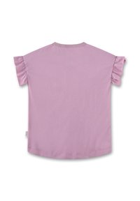 Pink short-sleeve shirt with ruffled sleeves, round neckline, and soft texture. The fabric appears lightweight and smooth.