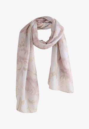 Letvægtssjal med blomstermønster i sart lyserød og creme, med blødt stof og et flydende, rektangulært design.