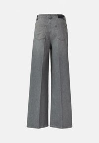 Wide-leg gray denim jeans with a high waist, five pockets, and stitched detail on the back. Made of lightweight cotton blend fabric.