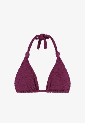 Driehoekige bikinibovenkant in diep bordeauxrood, met een gestructureerde stof met golfpatronen. Striksluiting bij de nek en rug voor verstelbare pasvorm.