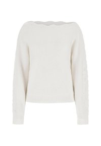 Weißer Strickpullover mit gewelltem Ausschnitt, langen Ärmeln, strukturiertem Körper und dekorativem Muster an den Seiten der Ärmel. Kürzer geschnittenes Design.