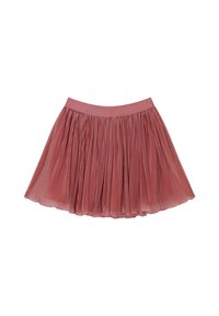 Jupe plissée en rose poussiéreux avec une large ceinture. Fabriquée en tissu léger et texturé, elle a une coupe évasée et un drapé doux.