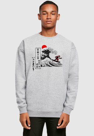 Gray sweatshirt featuring a graphic design of waves and a red sun, with text in Japanese script on the front. Long sleeves and ribbed cuffs.