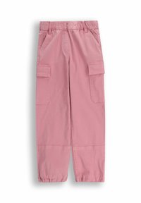 Różowe spodnie cargo z elastycznym pasem, kieszeniami bocznymi, kieszeniami z klapką na udach oraz elastycznymi manszetami przy kostkach.