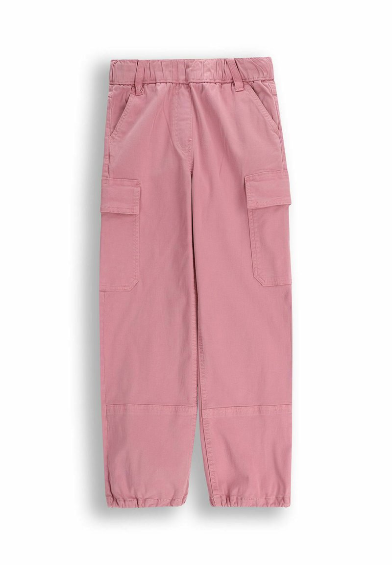 Różowe spodnie cargo z elastycznym pasem, kieszeniami bocznymi, kieszeniami z klapką na udach oraz elastycznymi manszetami przy kostkach.
