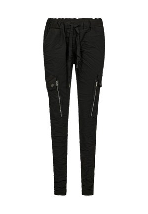 Sorte joggerbukser med en tekstureret overflade, der har en snor i taljen, lynlåslommer og en slim-fit design.