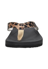 Leopard print flip-flop sandal with black rubber sole, lightweight material, and beige textured strap for comfort and support.