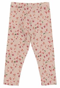 Leggings floreali rosa realizzati in materiale elasticizzato, con un motivo di piccoli fiori e foglie verdi che decorano il tessuto.