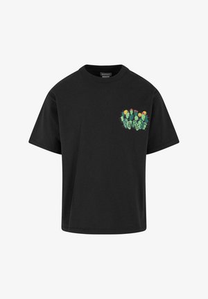 Sort bomulds t-shirt med korte ærmer, der har et farverigt illustreret grafisk motiv af kaktusser og smiley faces på venstre bryst.