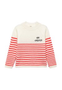 Sweter w paski w kolorze kremowym i czerwonym, z poziomymi paskami i ściągaczami. Na przodzie wyszyte jest "LOS ANGELES" w kolorze czarnym.