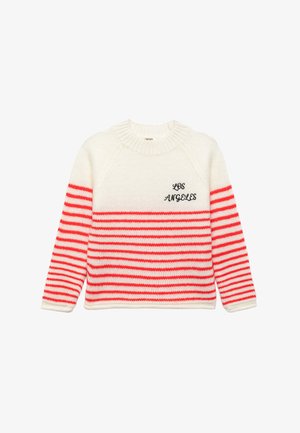 Gestreifter Pullover in Creme und Rot, mit horizontalen Streifen und gerippten Bündchen. Mit "LOS ANGELES" in Schwarz auf der Vorderseite gestickt.