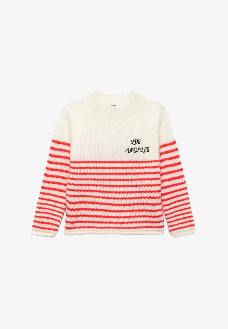 Sweter w paski w kolorze kremowym i czerwonym, z poziomymi paskami i ściągaczami. Na przodzie wyszyte jest "LOS ANGELES" w kolorze czarnym.
